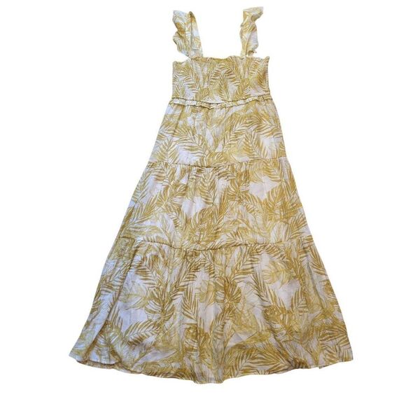 Nanette Lepore Dress Women's 14 Gold Maxi Palm Leaf Tiered Smocked Ruffle Strap - Picture 2 of 5